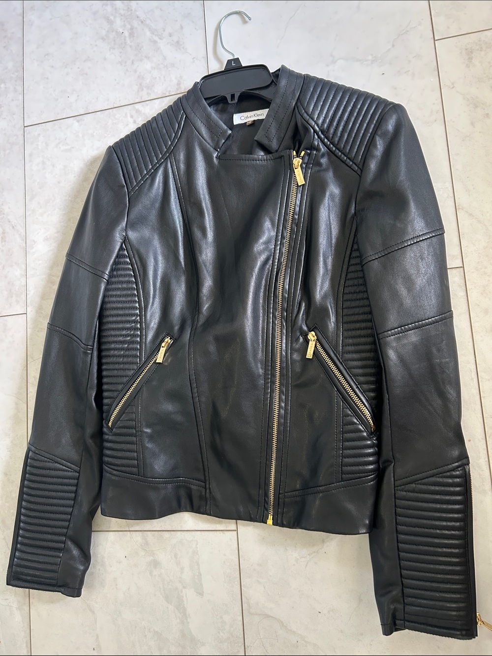 Calvin Klein Black Quilted Faux Leather Asymmetrical Moto Jacket